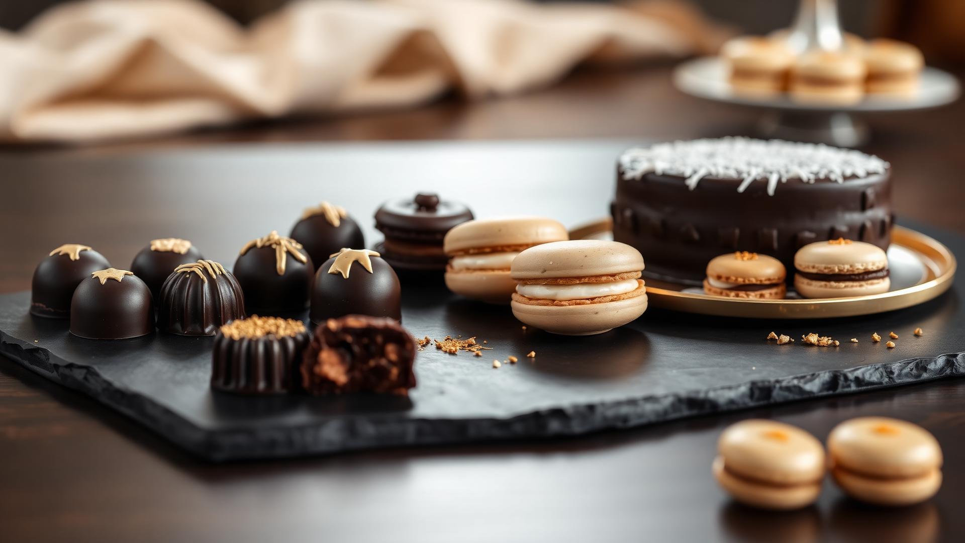 Assorted gourmet chocolates, macarons and a chocolate cake